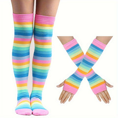 Striped Rainbow Knit Stockings & Gloves Set