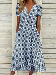 Button Front Allover Print Dress Casual Short Sleeve Dress