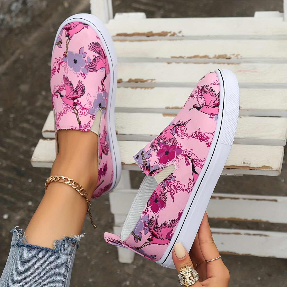 Flamingo Flower Print Pink Flat Skate Shoes