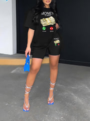 Letter & Graphic Print Tee & Biker Shorts Set