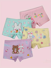 4pcs Cartoon Girl's Cotton Boxer Briefs Elastic Waist Shorts