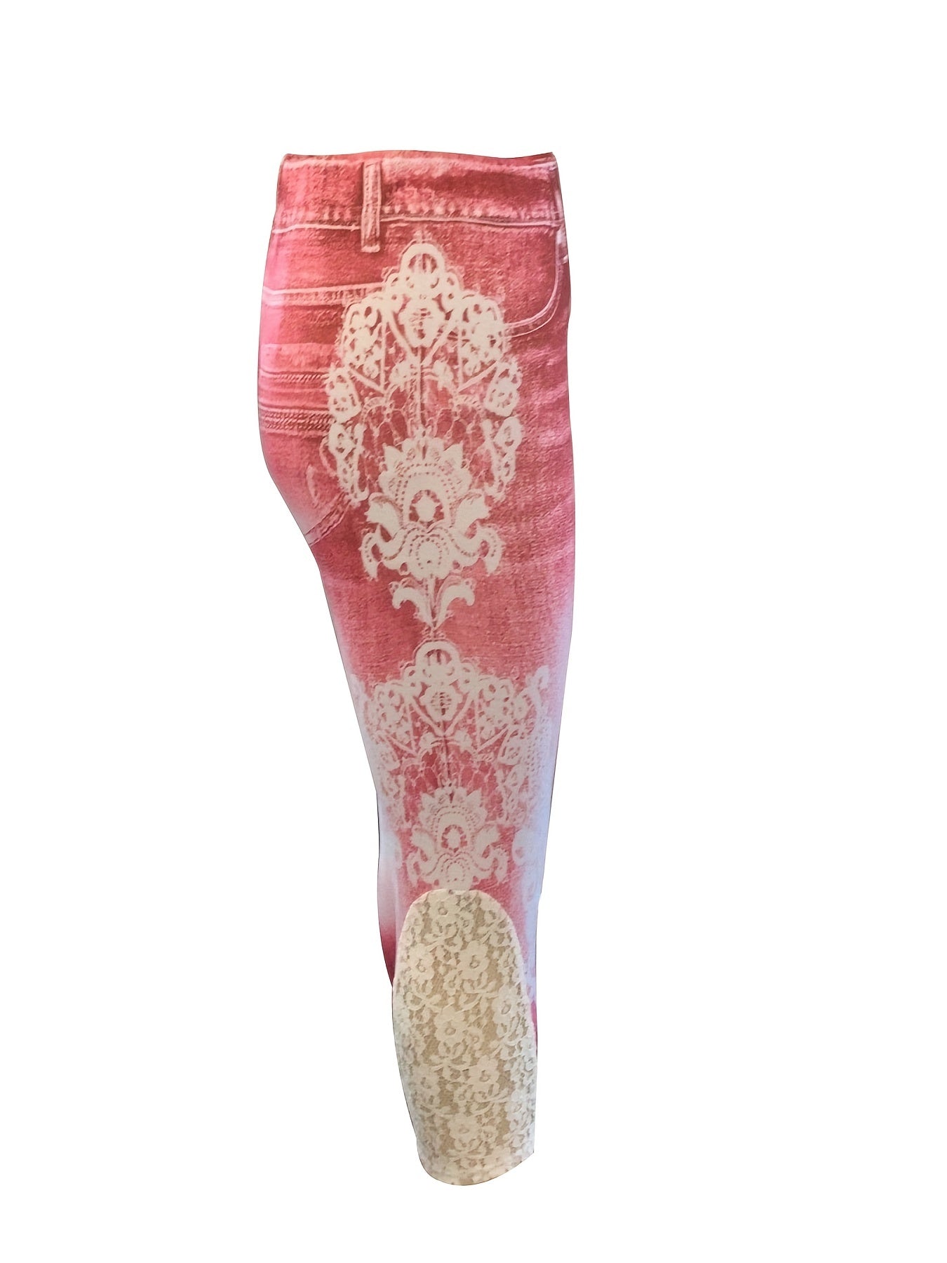 Denim Print Skinny Capris Leggings Lace Stitching Crop Leggings Women's