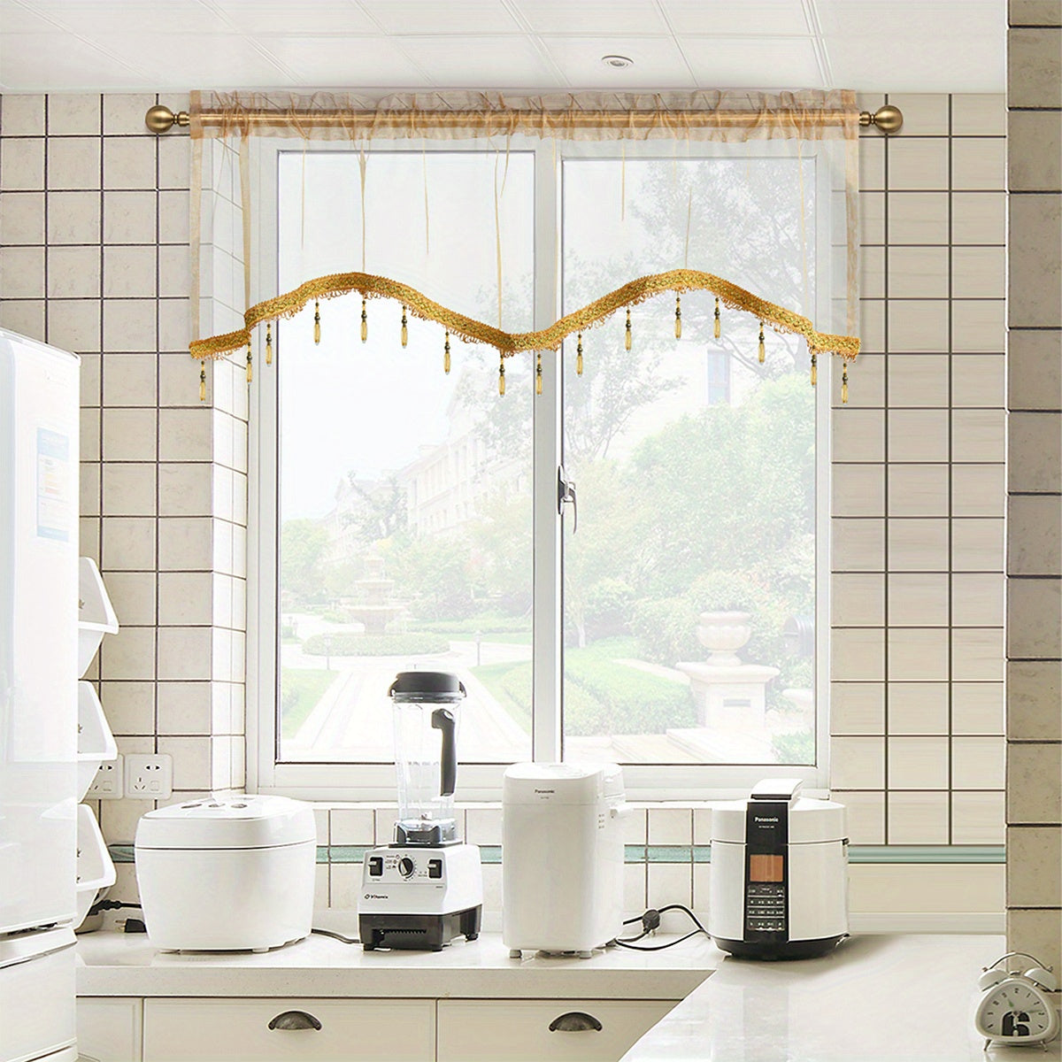 Modern S-Shaped Sheer Curtain Valance with Bead Edge - Home Decor