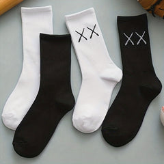 4 Pairs Boys Cotton XX Pattern And Street Style Mid Tube Socks