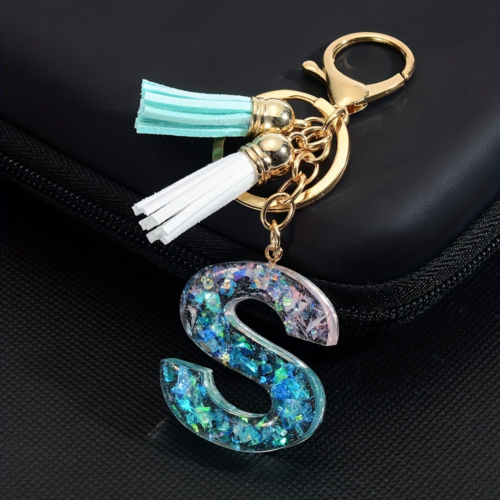 Resin Initial Letter Keychain w/ Tassel Small Bag Accessories Keyring Pendant