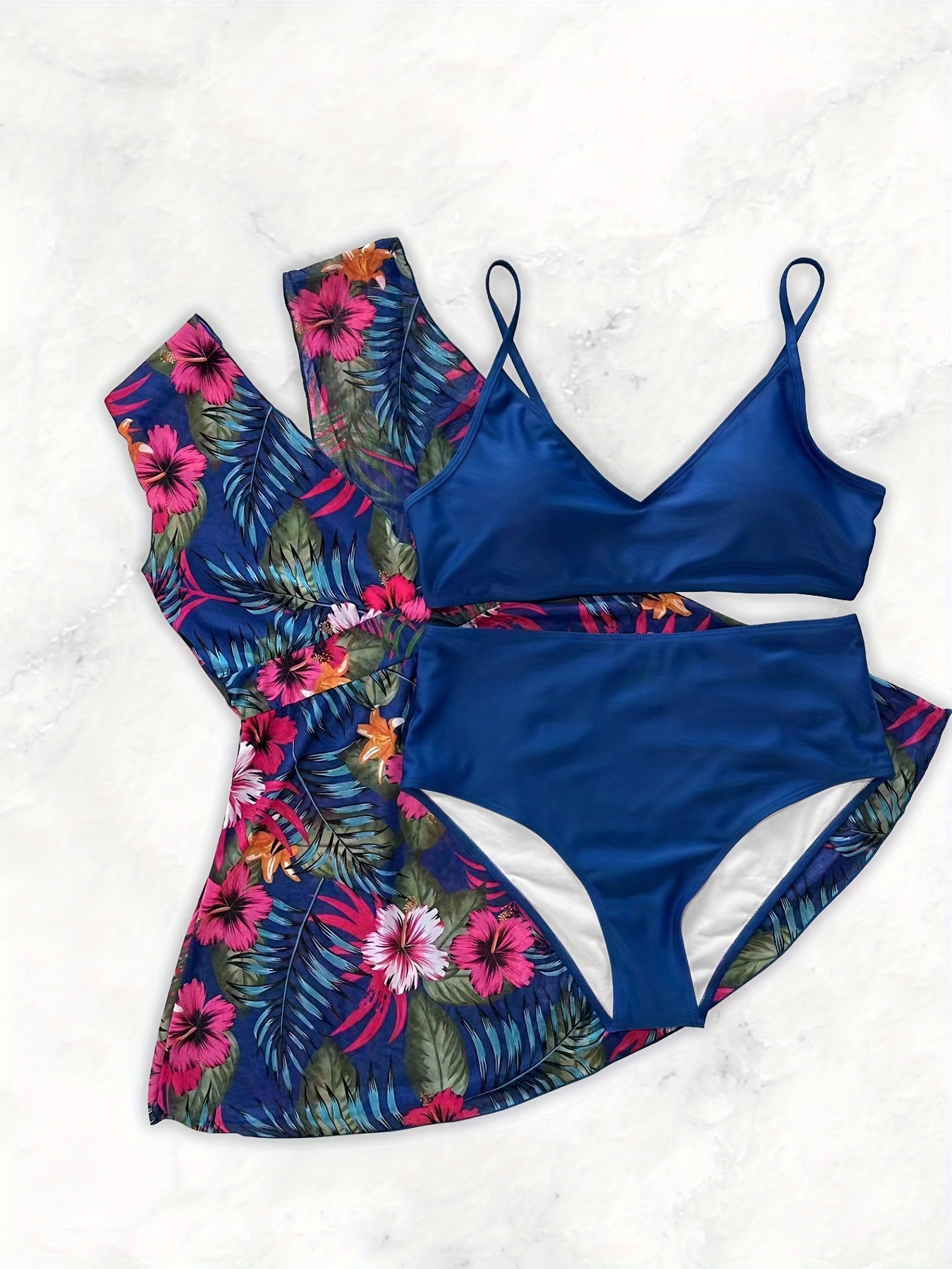 Tropical Print Mesh Top & Bra & Panties Swimsuit Set