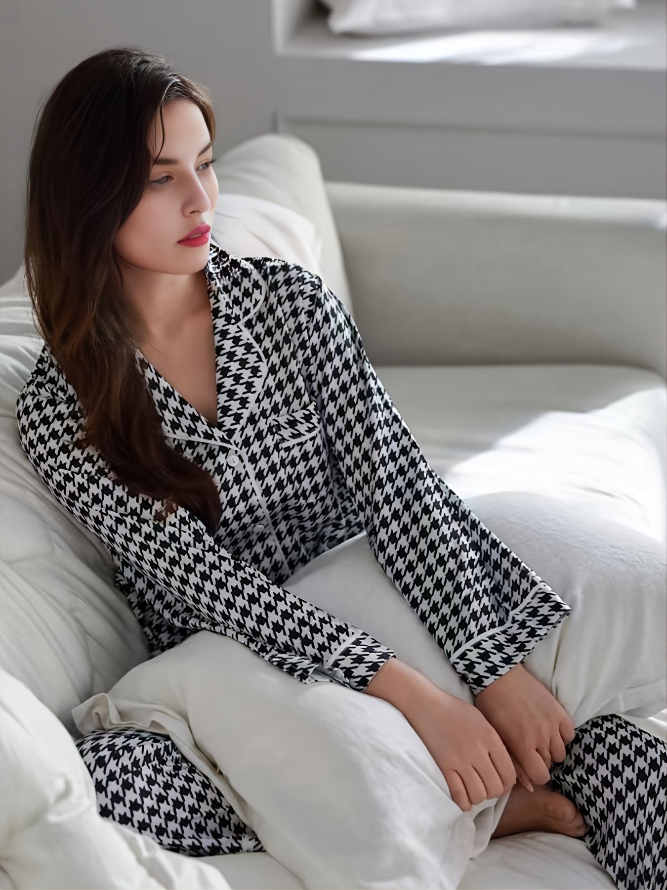 Classic Houndstooth Pajama Set Long Sleeve Shirt & Trousers