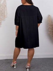 Casual Dress Women's Plus Solid Lace Panel Sleeve Loose Dress