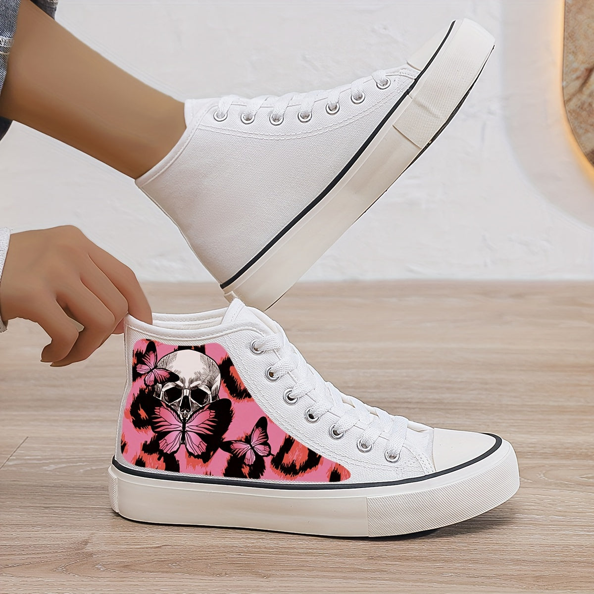 Skull & Butterfly Plush Lined Canvas Sneakers