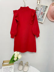 Girl's Sweater Knit Dress Ruffle Long Sleeve Warm Casual Dress