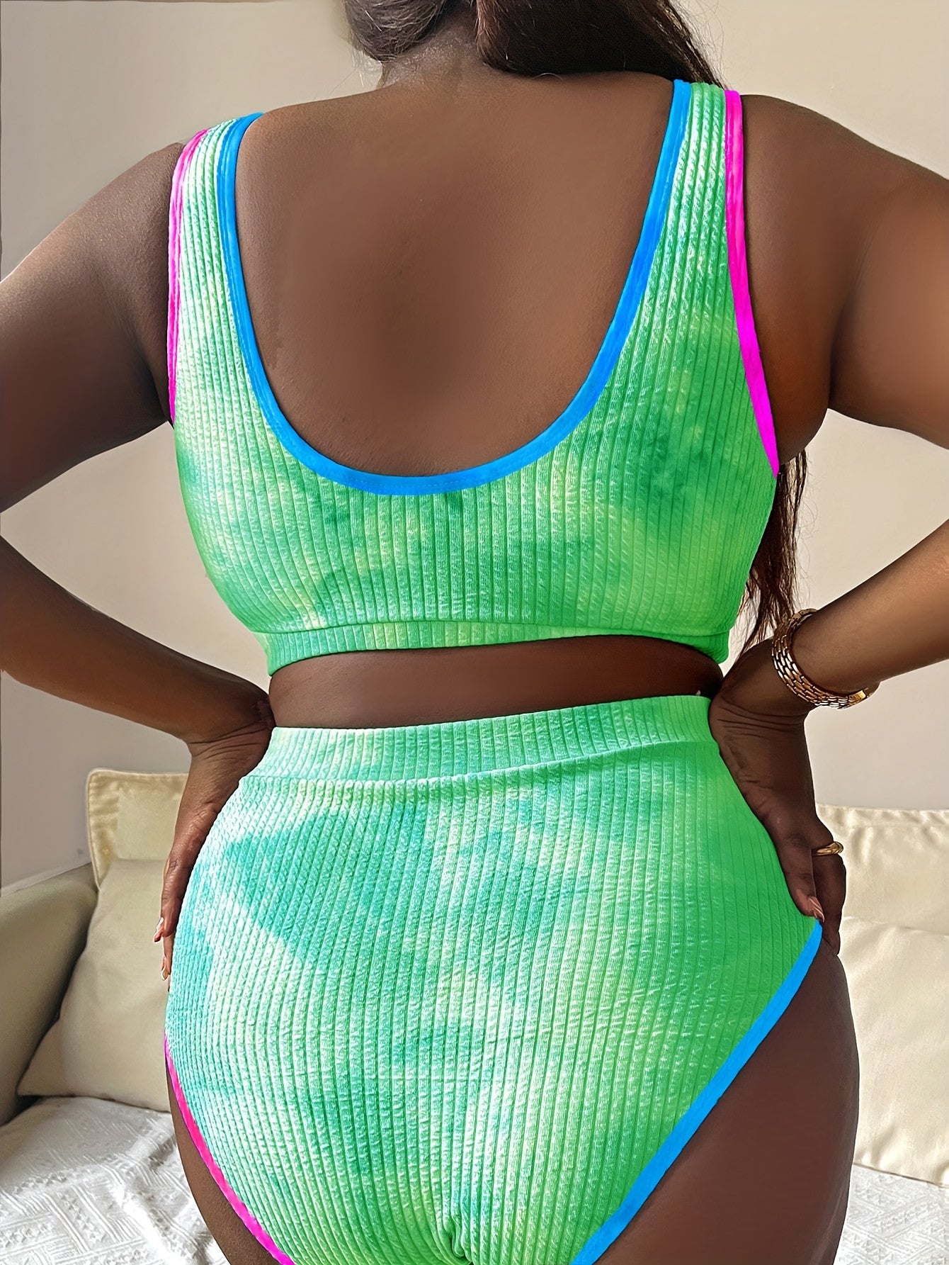 Sporty Tankini Set Plus Size Tie Dye Bra & Panty Swimsuit