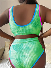Sporty Tankini Set Plus Size Tie Dye Bra & Panty Swimsuit