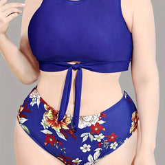 Boho Tankini Set Solid Tie Front Crop Tank Top & Floral Print Panty