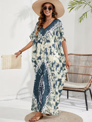 Tie Dye Batwing Sleeve V Neck Maxi Split Cover Up Dress