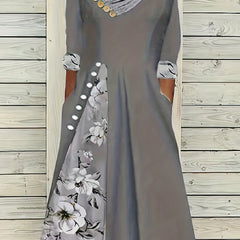 Colorblock Floral Print Half Sleeve Dress with Pockets