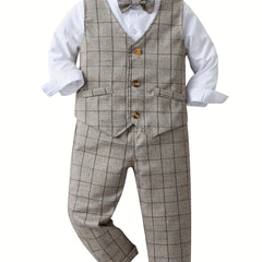 Boys Formal Outfit Set Long Sleeve Bowtie Shirt Pants Vest