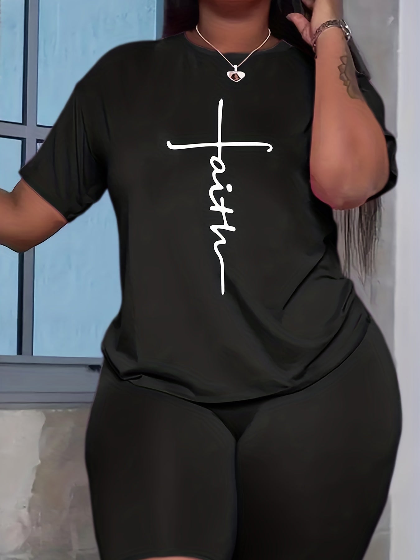 Faith Print 2pc Set Short Sleeve T Shirt & Biker Shorts Outfit Women's Clothing