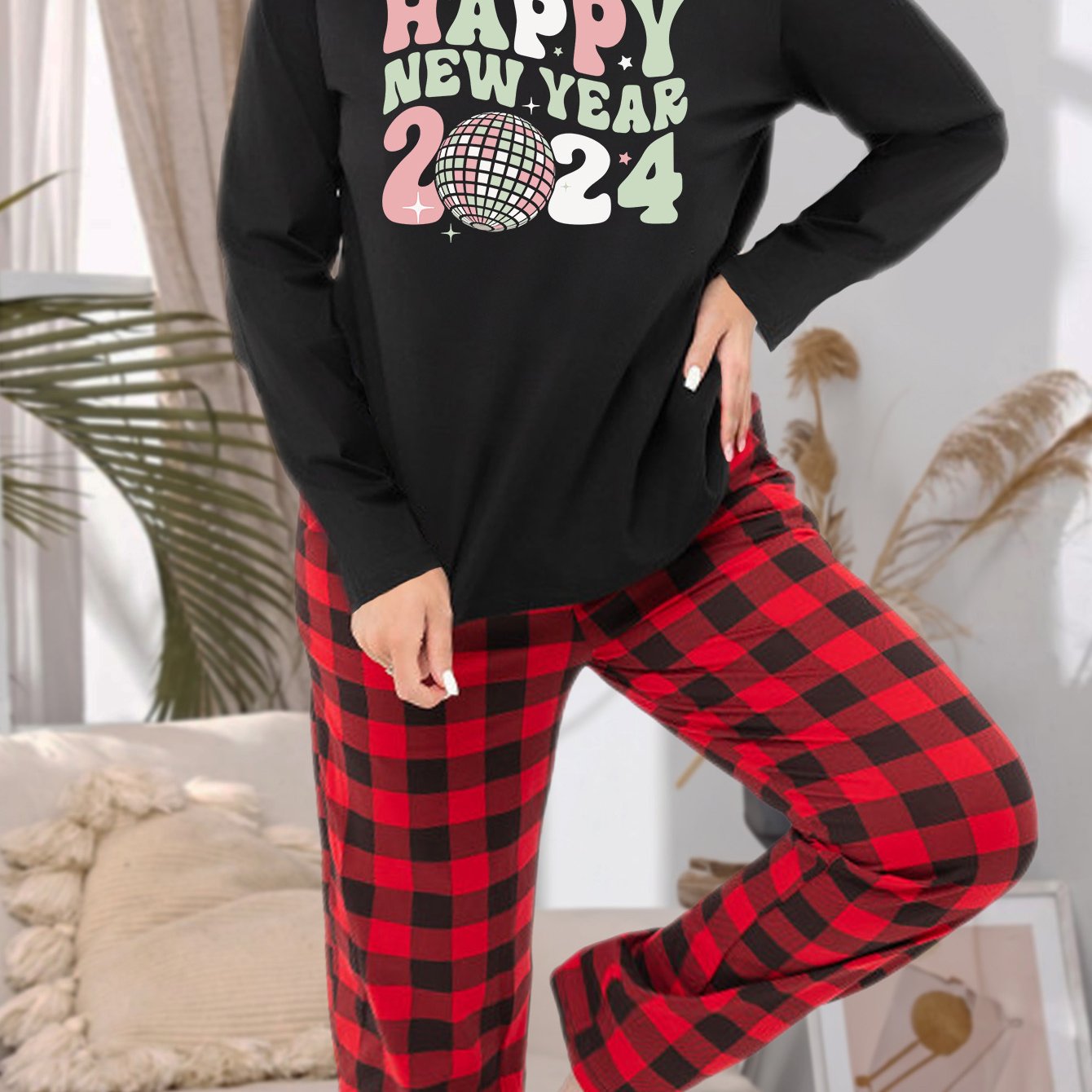 Colorful Letter Graphic Tee & Plaid Pants Lounge Set