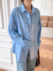 Colorblock Stripe Denim Blouse Button Down Long Sleeve