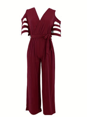 V Neck Off Shoulder Short Sleeve Knitted Jumpsuit