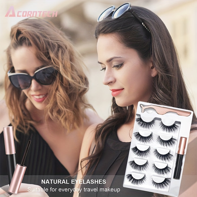 5 Pairs Magnetic False Eyelashes Set With Liquid Eyeliner And Tweezers