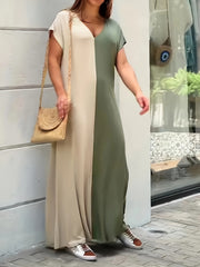 Colorblock Batwing Sleeve V Neck Maxi Dress