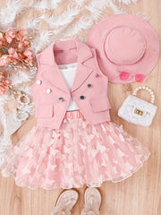 Girls 3pcs Lapel Vest Top & Mesh Tutu Skirt & Hat Summer Set