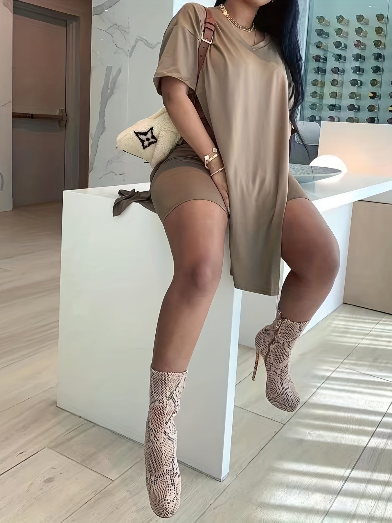 V Neck Two Piece Set Biker Shorts Outfit