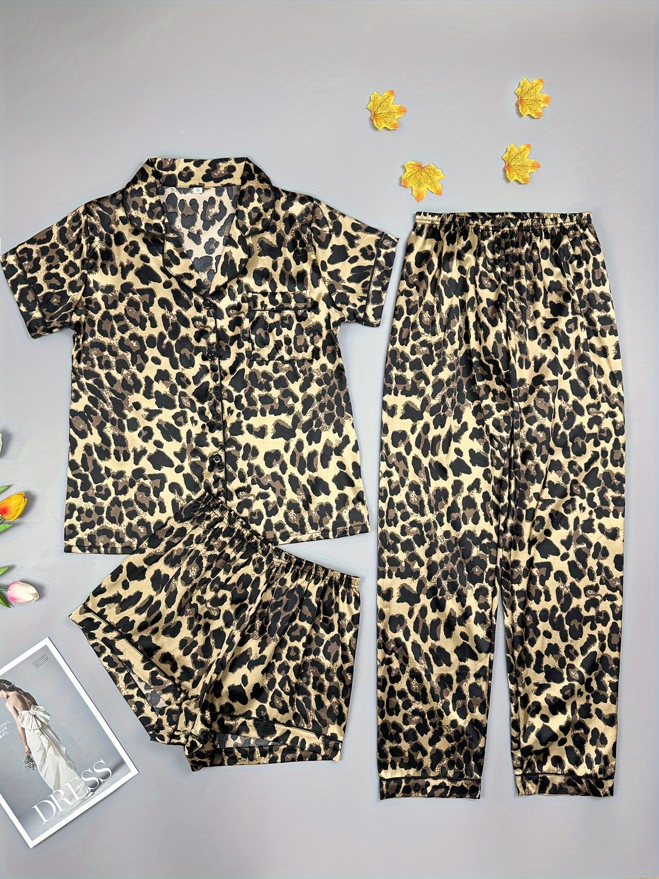 Leopard Print Pajama Set Short Sleeve Top & Shorts & Pants
