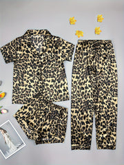 Leopard Print Pajama Set Short Sleeve Top & Shorts & Pants