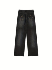 Star Embroidery Straight Jeans Loose Fit High Waist Denim Pants Women's Jeans
