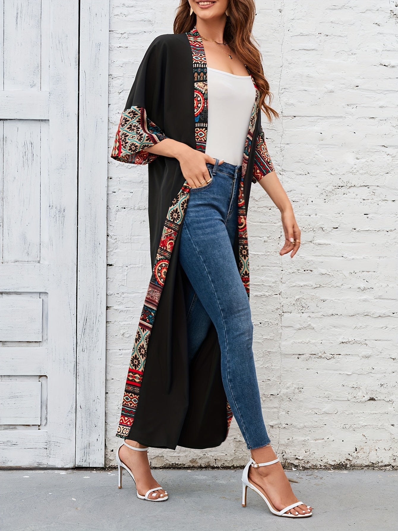 Geometric Pattern Contrast Band Beach Cover Up Half Sleeve Sun Protection