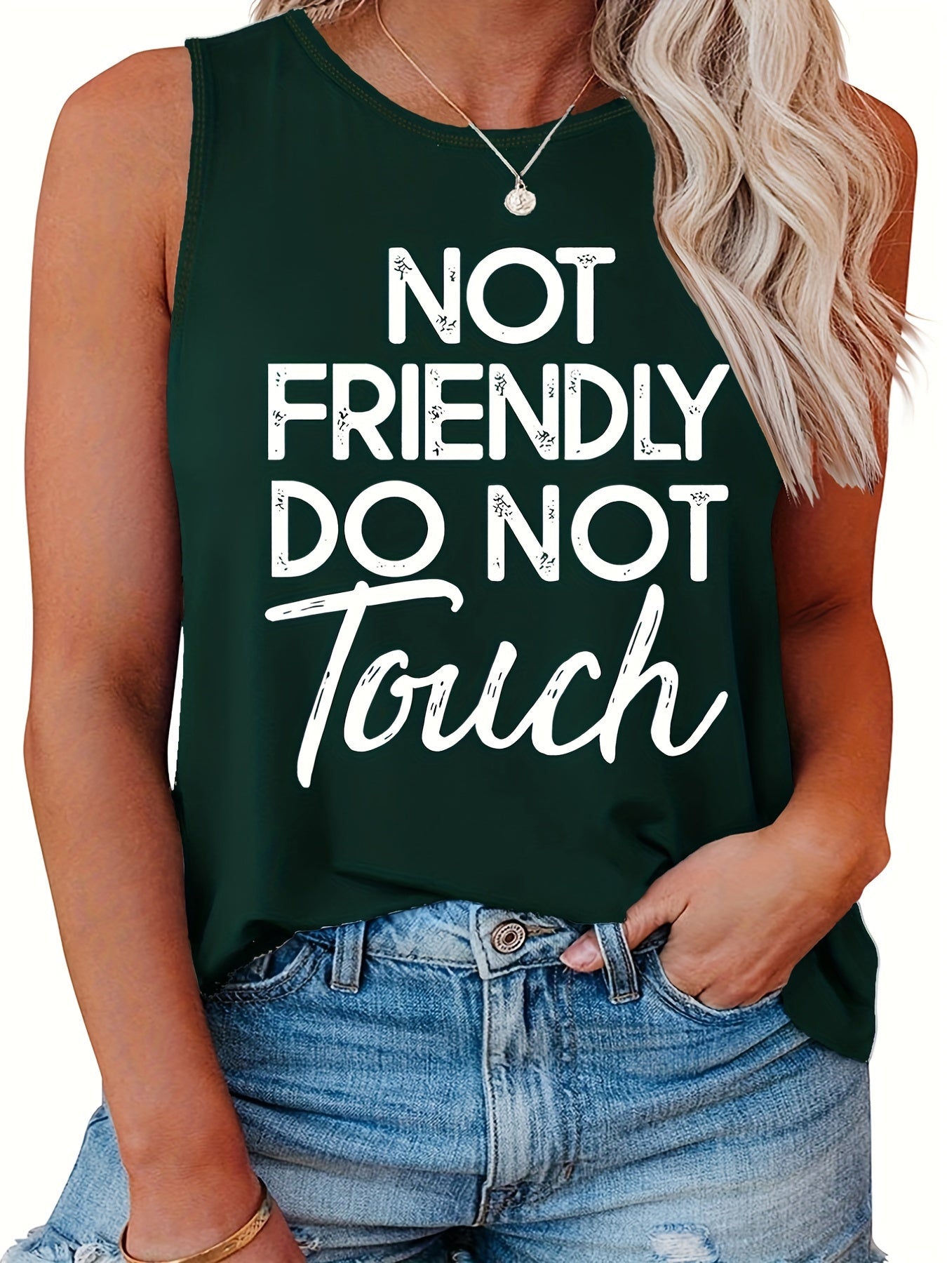 Slogan Print Tank Top Round Neck Stretch Casual Top