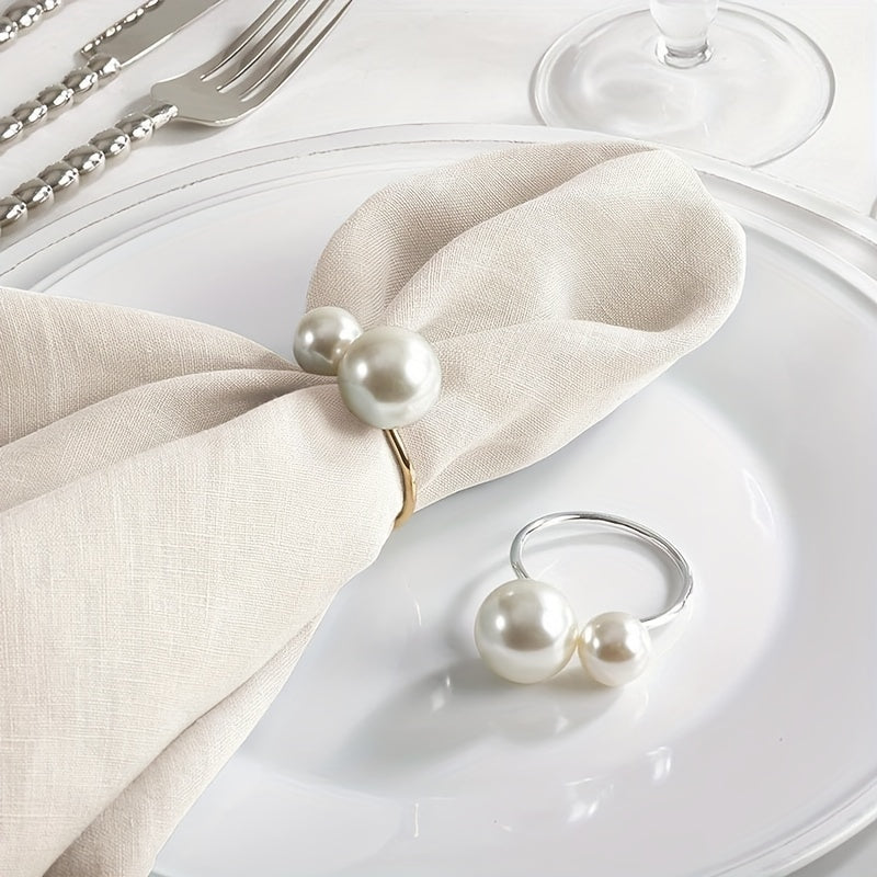 6pcs Asymmetric Pearl Napkin Rings Cast Iron Polished Metal Rings Carved Hollow