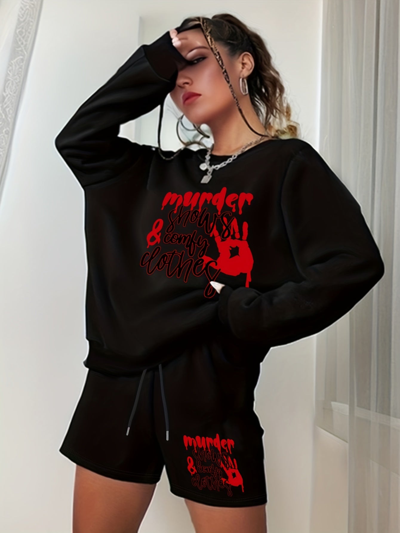 Women's Plus Size Hand & Letter Print Sweatshirt & Shorts Set
