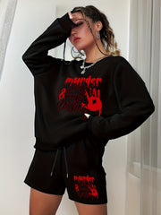 Women's Plus Size Hand & Letter Print Sweatshirt & Shorts Set