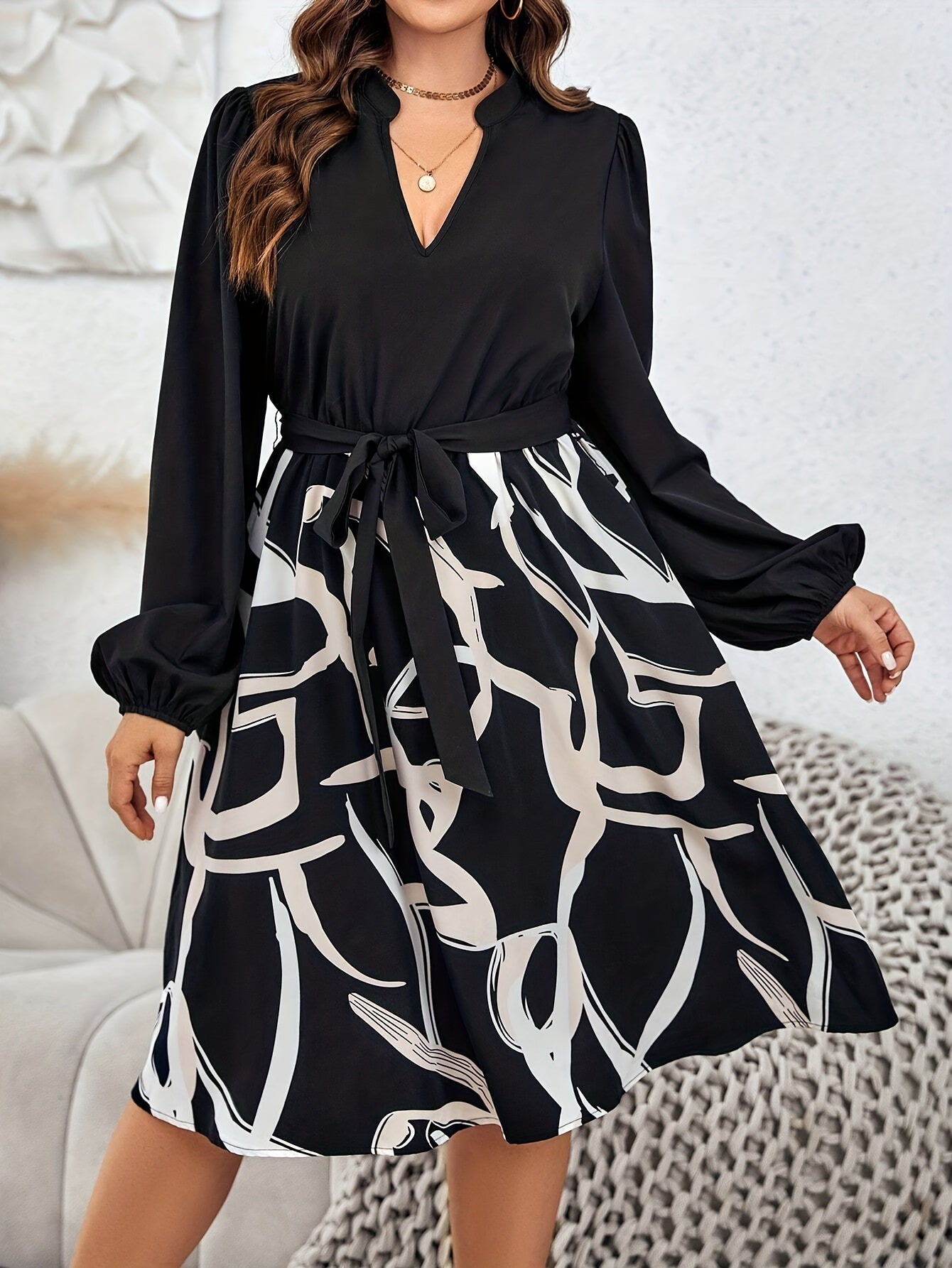 Colorblock Abstract Stripe Print Lantern Sleeve Belted Dress