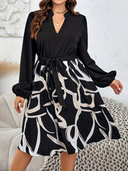 Colorblock Abstract Stripe Print Lantern Sleeve Belted Dress