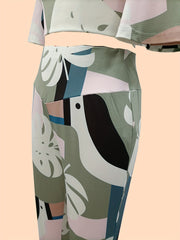 Leaf Print Two Piece Set Crop Top & Pants Outfit