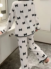 Bowknot Pattern Warm Thermal Pajama Set Women's Sleepwear