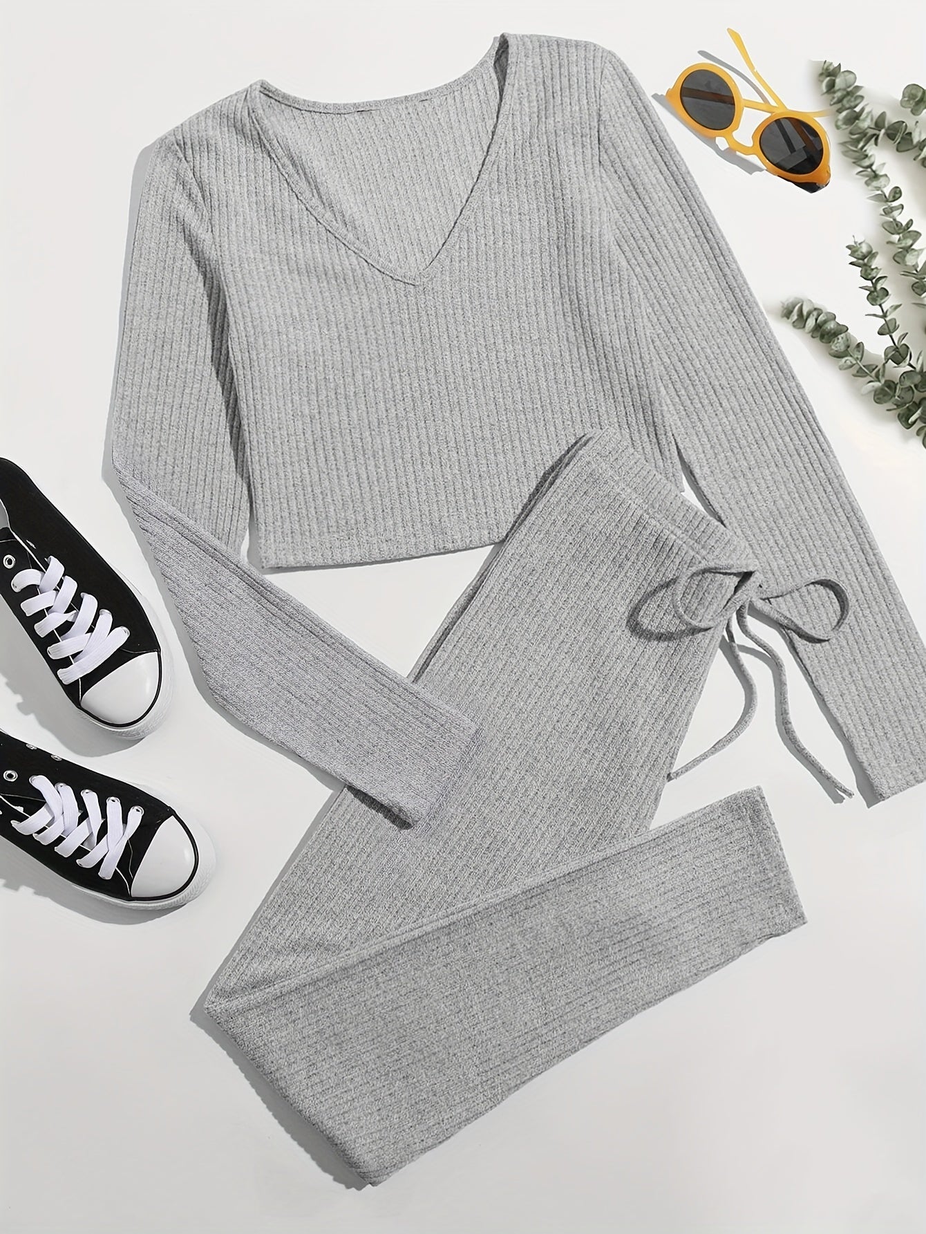 Long Sleeve V Neck Top & Lace Up Pants Lounge Set