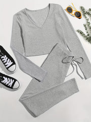 Long Sleeve V Neck Top & Lace Up Pants Lounge Set