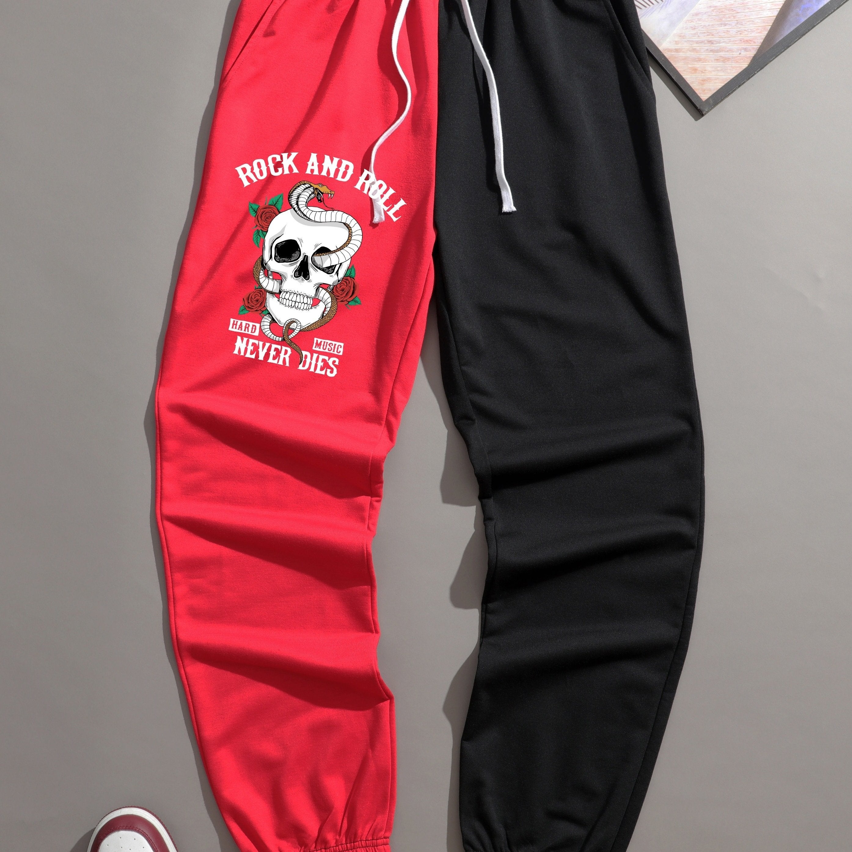 Skull Print Men's Splicing Drawstring Sweatpants Casual Jogger Pants