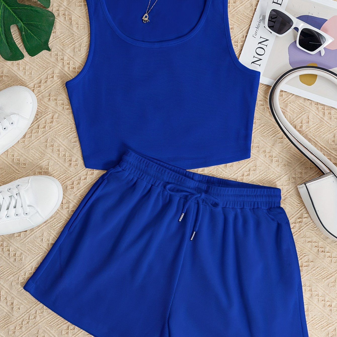 Solid Casual Two piece Set Sleeveless Crop Tank Top & Drawstring Waist Shorts