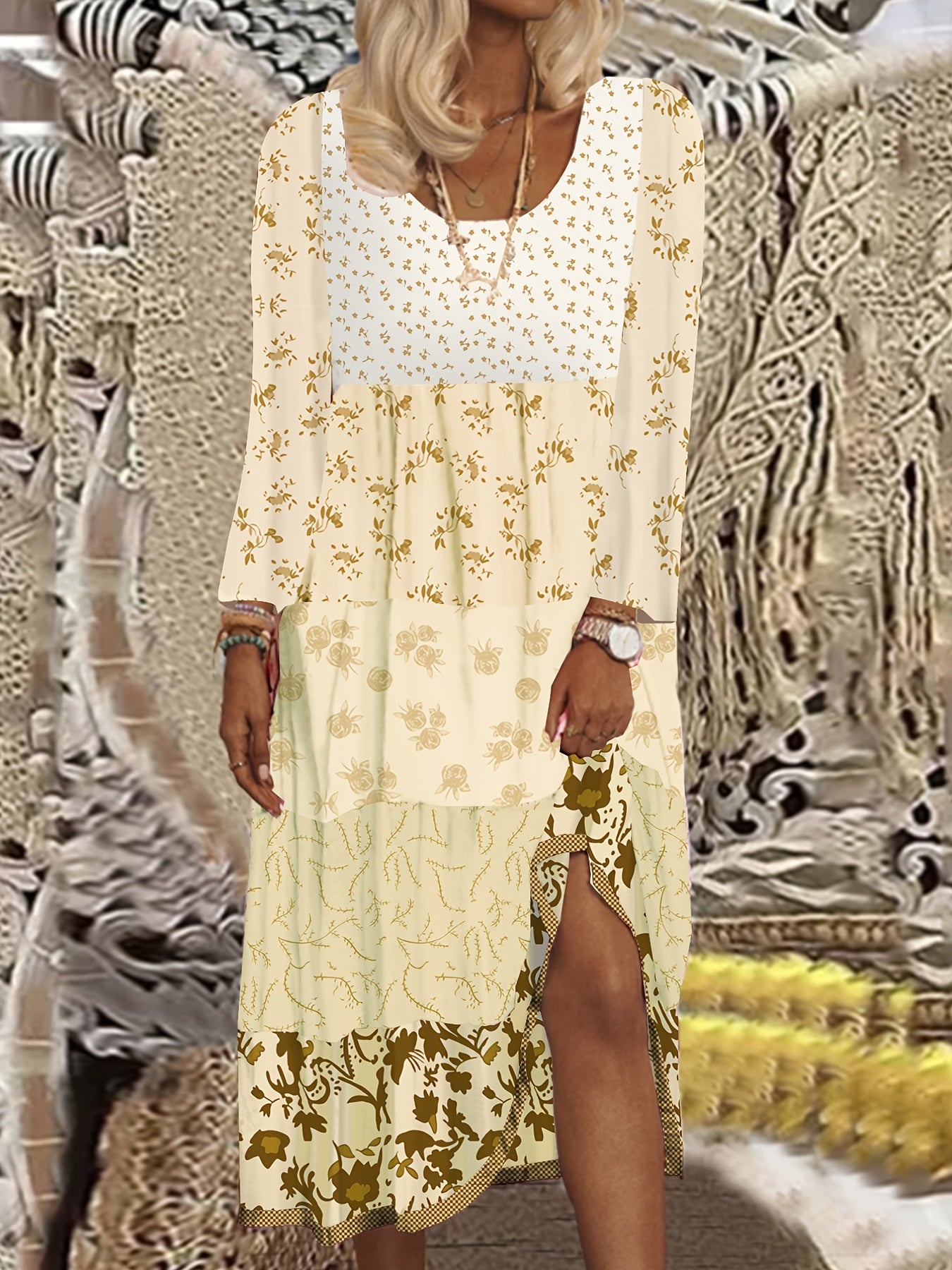 Colorblock Floral Print Maxi Dress Long Sleeve