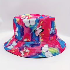 Colorful Butterfly Print Bucket Hat Rose Red Tie Dye Sunscreen Fisherman Cap