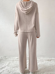 Solid Ribbed Knit Hoodie & Pants Set