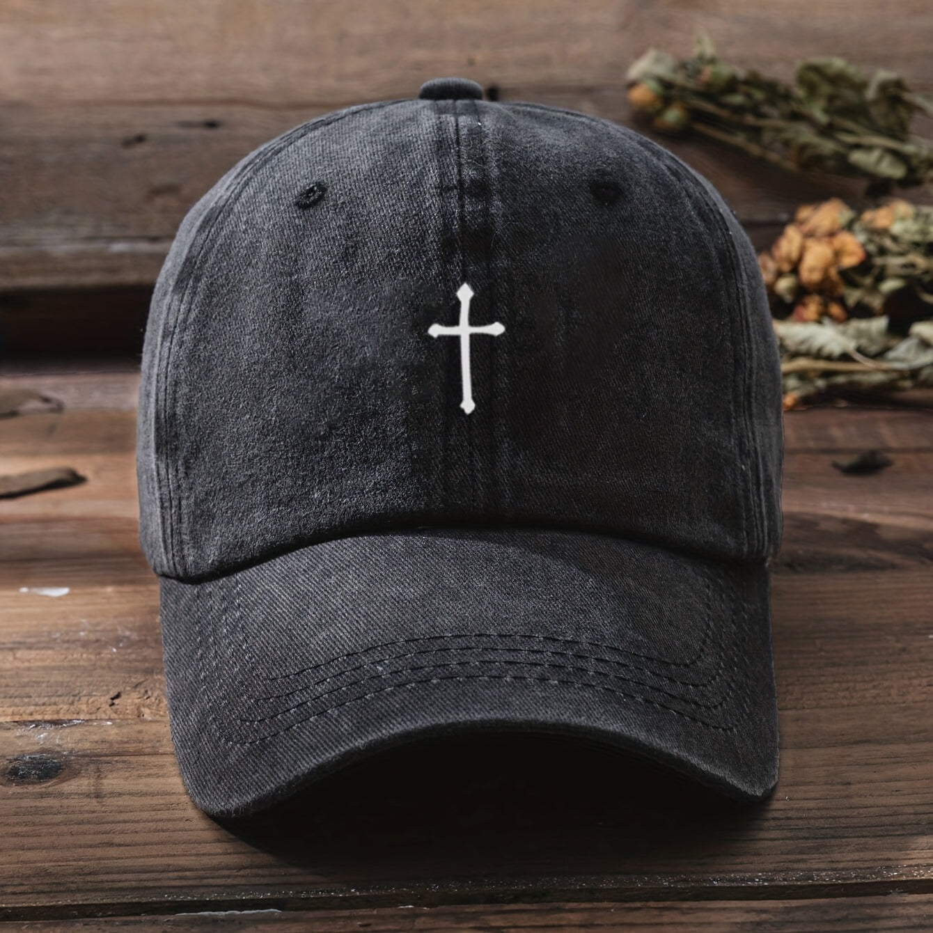 Cross Printed Baseball Cap Unisex Washed Distressed Casual Sun Hat