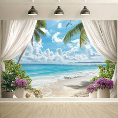 Tropical Beach Scene Backdrop with Palm Trees and Vibrant Flowers
