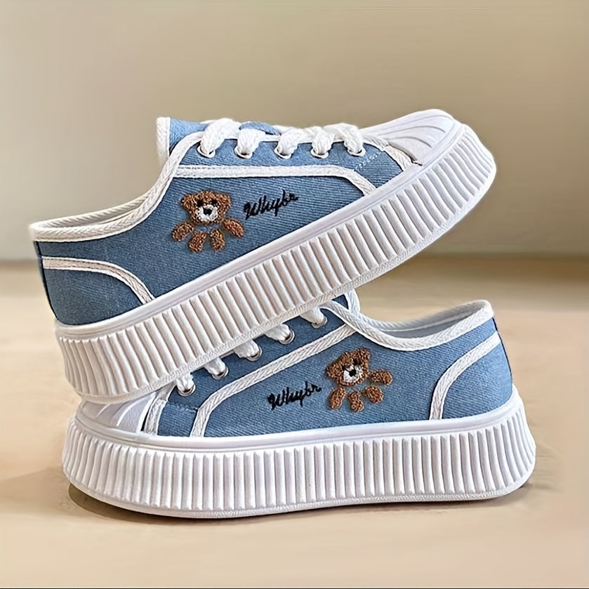 Women's Bear Pattern Platform Canvas Sneakers Soft Sole Skate Shoes